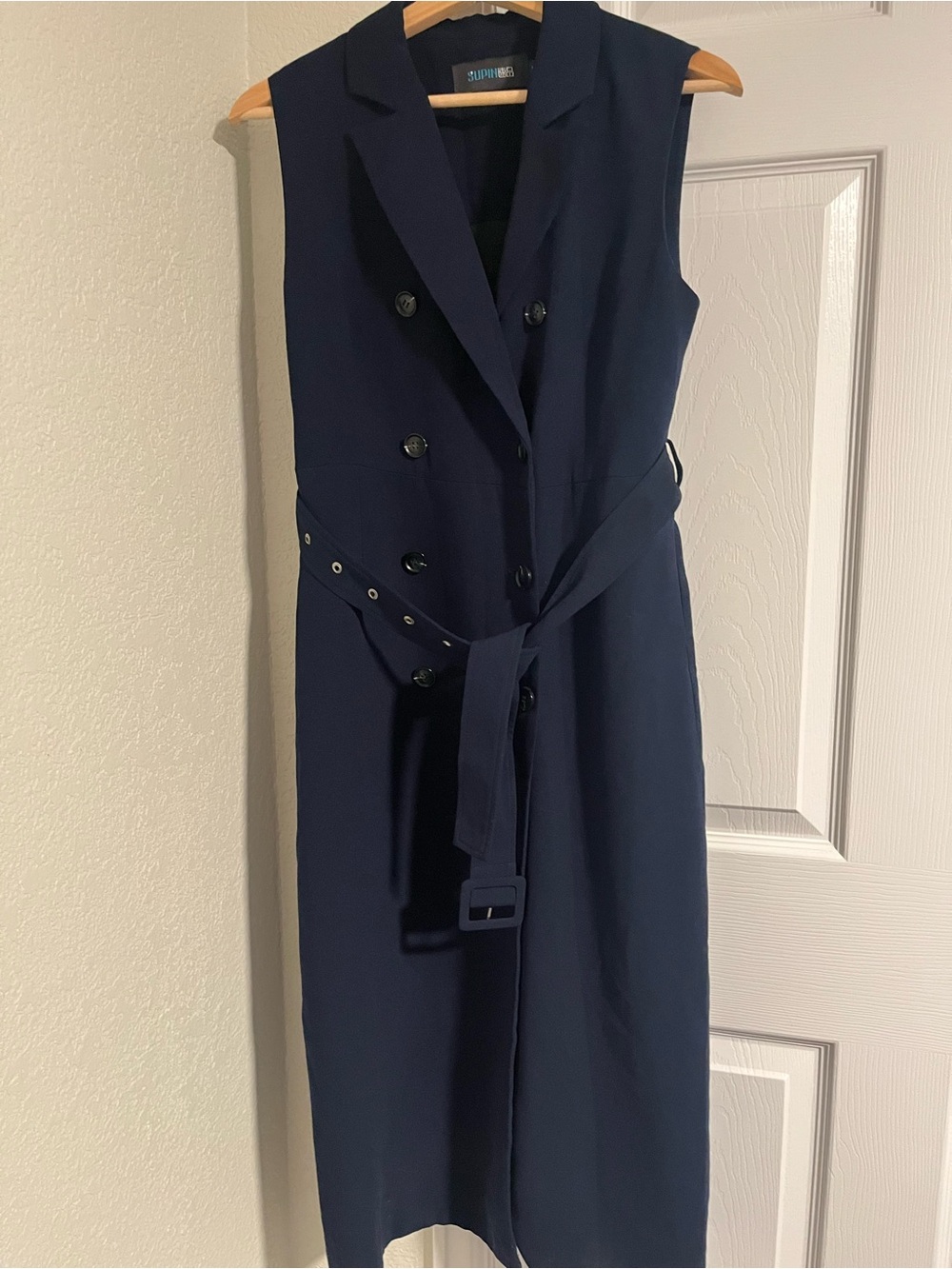 Sleeveless Navy Double-Breasted Belted Dress